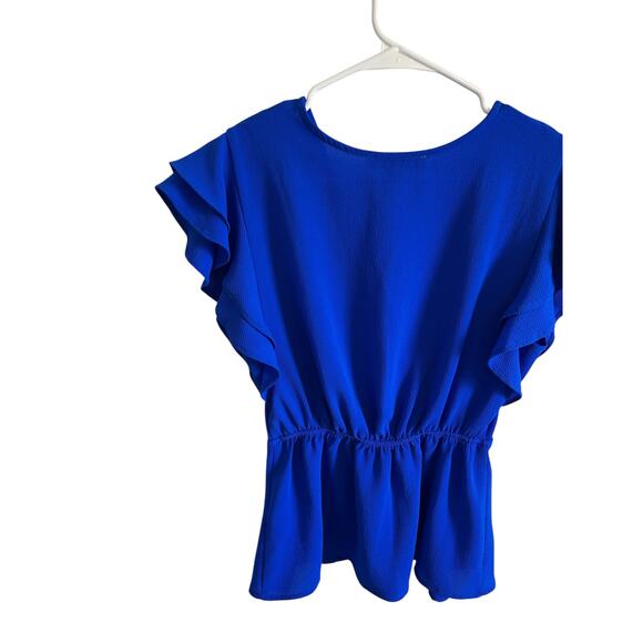 Monteau Women's Medium Blue Faux Wrap Ruffle Short Sleeve V-Neck Blouse - Picture 7 of 10